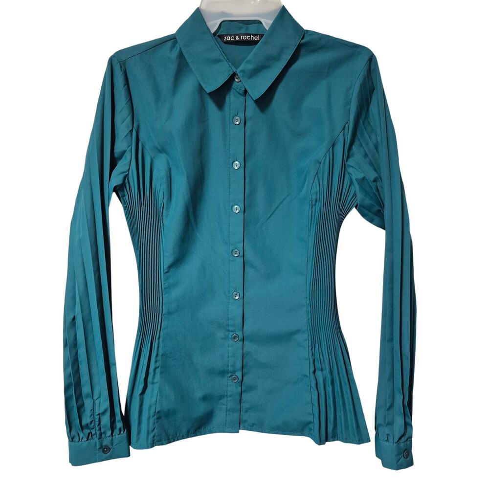 Zac & Rachel Womens Emerald Green Blouse Long-sleeved Small Accordion Stretch
